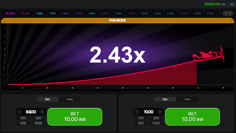 A screenshot of the Aviator game with betting options and increasing multiplier