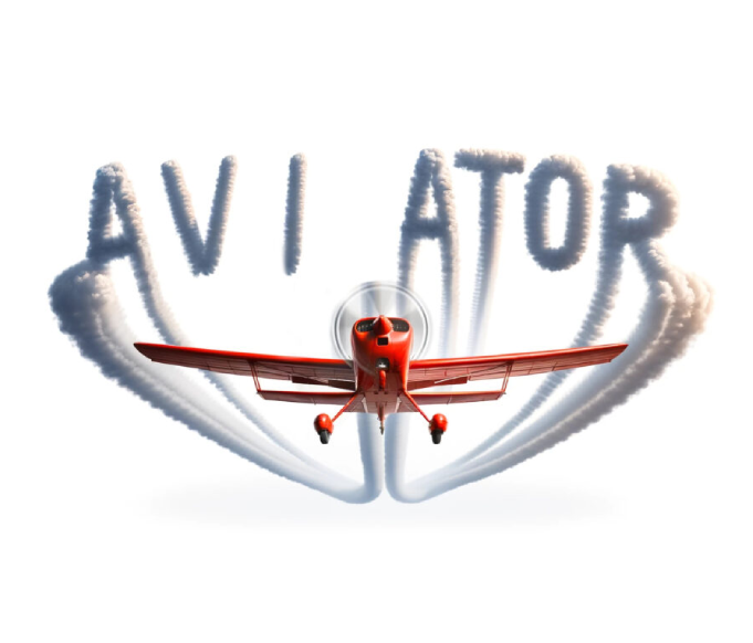 A flying red plane in the clouds with word 'Aviator'