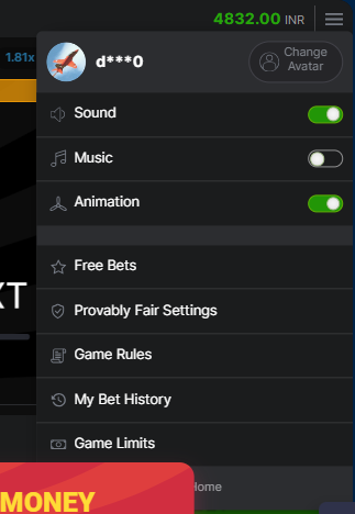 A screenshot of the Aviator game with pop up settings menu