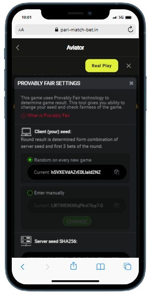 A smartphone displaying Provably fair settings menu for Aviator game