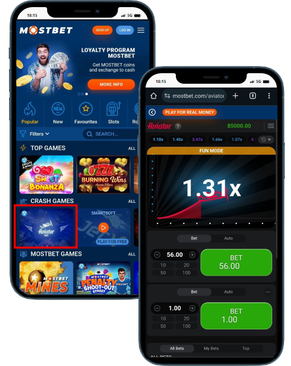 Two smartphones displaying casino games library and Aviator interface with betting options